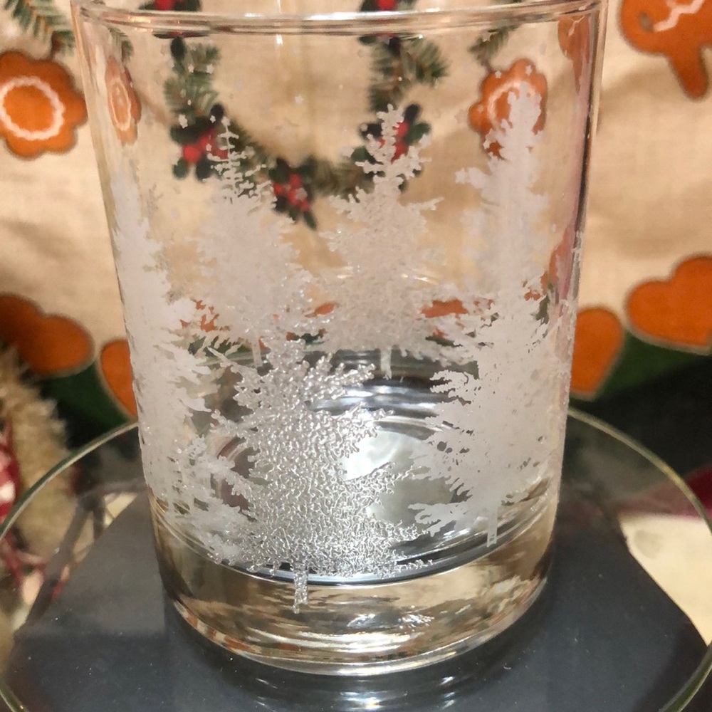Vintage White Tree Etched Glass/Candle Holder 4x3.25”